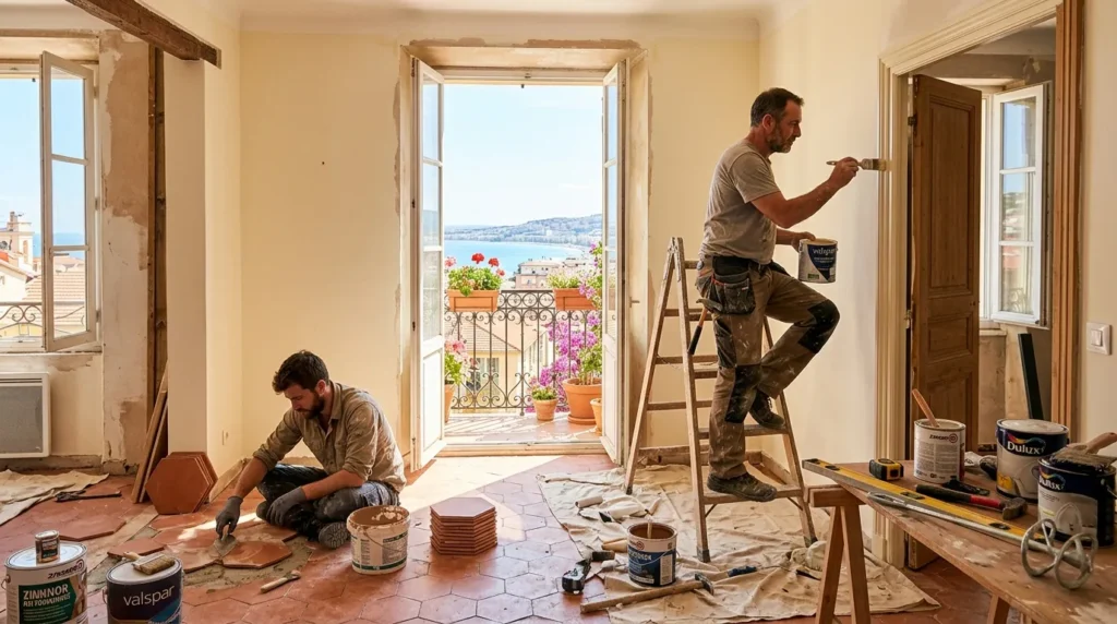 Artisans rénovant un appartement niçois ensoleillé, carrelage terracotta, balcon méditerranéen, outils, peinture.