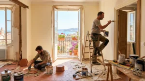 Artisans rénovant un appartement niçois ensoleillé, carrelage terracotta, balcon méditerranéen, outils, peinture.