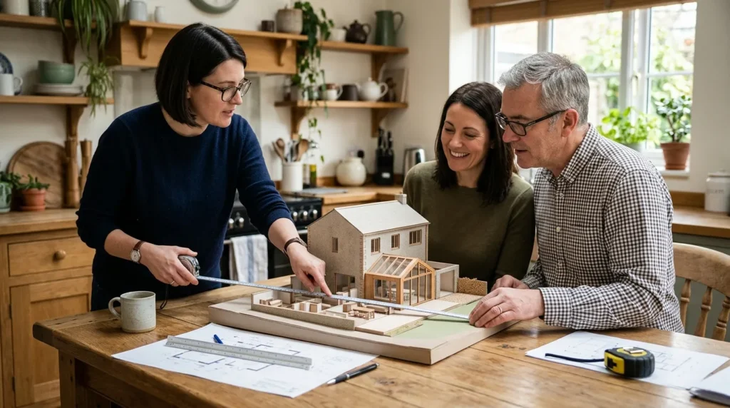 Homeowners et architecte examinant une maquette d’extension avec mètre ruban sur table de cuisine