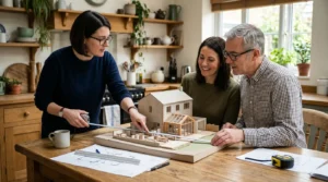 Homeowners et architecte examinant une maquette d’extension avec mètre ruban sur table de cuisine