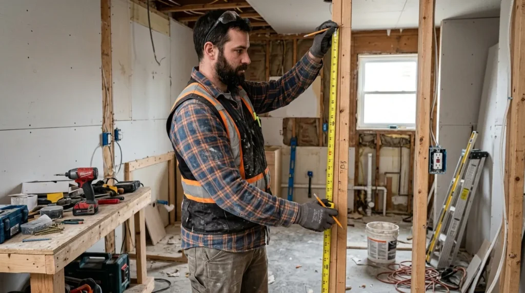 Ouvrier en rénovation mesurant un mur de cuisine inachevé avec outils.