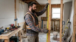 Ouvrier en rénovation mesurant un mur de cuisine inachevé avec outils.