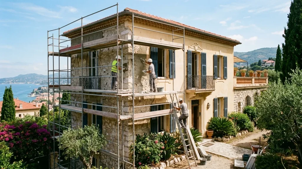 Façade de villa ensoleillée avec échafaudages et ouvriers, ambiance rénovation Côte d’Azur.