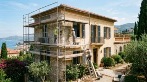 Façade de villa ensoleillée avec échafaudages et ouvriers, ambiance rénovation Côte d’Azur.
