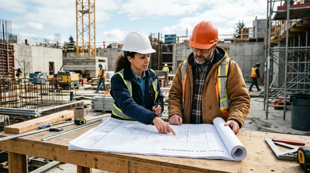 Deux professionnels, maître d'œuvre et maître d'ouvrage, examinent des plans sur un chantier.