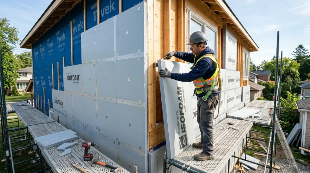 Ouvrier posant des panneaux isolants sur une façade, en plein soleil.