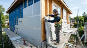 Ouvrier posant des panneaux isolants sur une façade, en plein soleil.