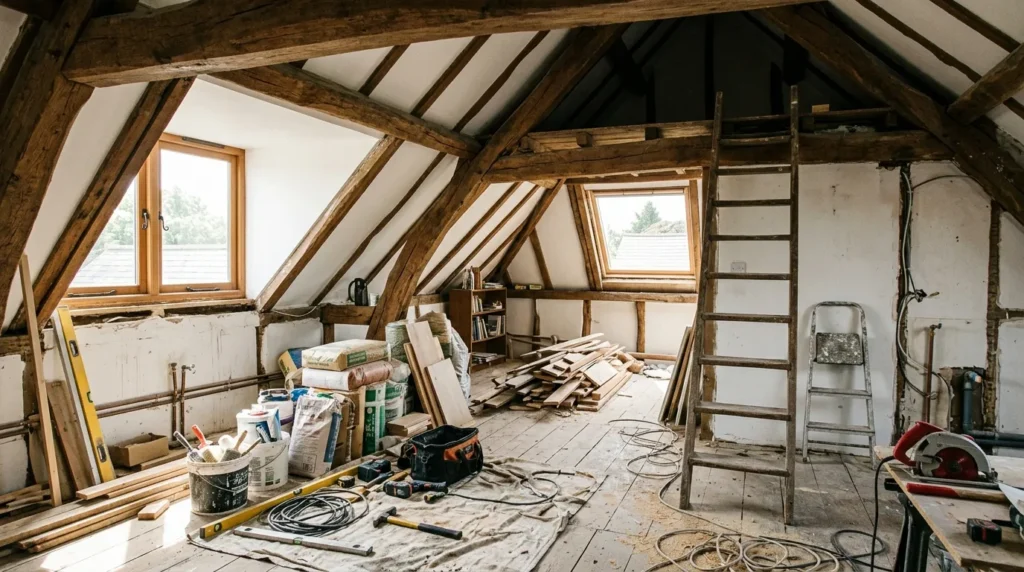 Combles lumineux avec poutres apparentes, échelle et matériaux de rénovation empilés.