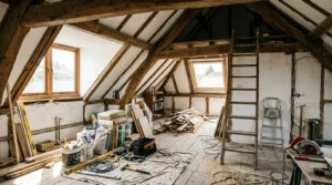 Combles lumineux avec poutres apparentes, échelle et matériaux de rénovation empilés.
