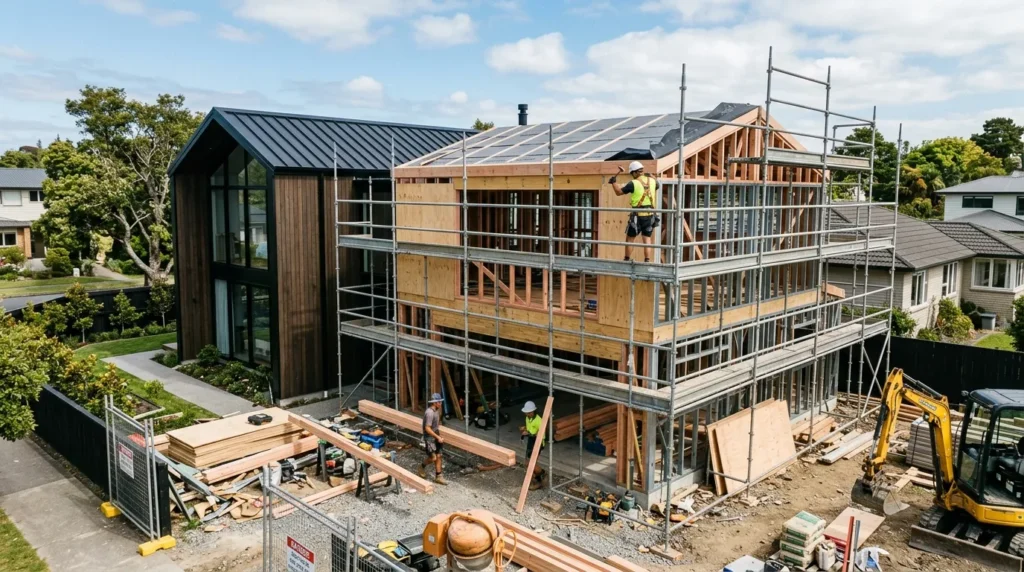 Maison moderne avec extension en construction, échafaudages, ouvriers et lumière du jour.