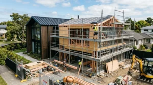 Maison moderne avec extension en construction, échafaudages, ouvriers et lumière du jour.
