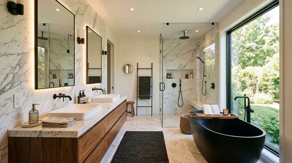 Salle de bain luxueuse en marbre, robinetterie noire mate, bois chaleureux et lumière douce.