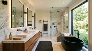 Salle de bain luxueuse en marbre, robinetterie noire mate, bois chaleureux et lumière douce.