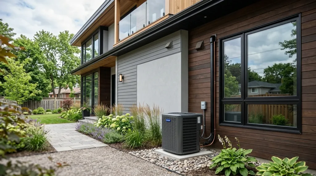 Façade de maison moderne avec climatiseur neuf, évoquant un prix installation près d’une fenêtre.