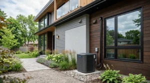 Façade de maison moderne avec climatiseur neuf, évoquant un prix installation près d’une fenêtre.