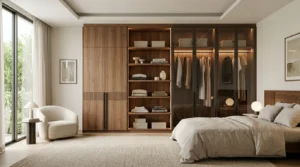 Dressing sur mesure élégant dans une chambre moderne, finitions bois premium, lumière naturelle.