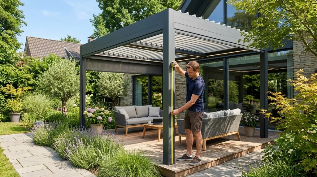 Pergola bioclimatique moderne, propriétaire mesurant les dimensions dans un jardin ensoleillé.