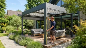 Pergola bioclimatique moderne, propriétaire mesurant les dimensions dans un jardin ensoleillé.