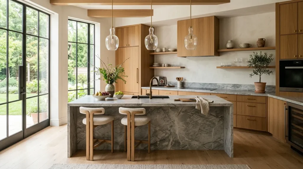 Cuisine moderne luxueuse avec armoires bois chaud, îlot pierre, tons neutres lumineux.