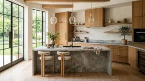 Cuisine moderne luxueuse avec armoires bois chaud, îlot pierre, tons neutres lumineux.