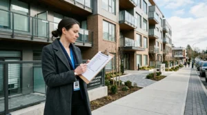Architecte consultant une checklist de rénovation près d’un immeuble d’appartements achevé, garantie.