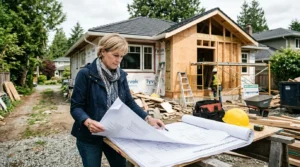 Propriétaire consultant des plans près d’un chantier de rénovation de maison, dossier permis.