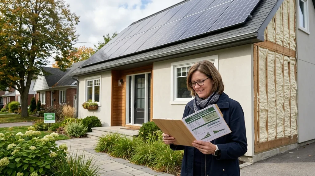Propriétaire examine des documents d’audit énergétique près d’une maison avec panneaux solaires.