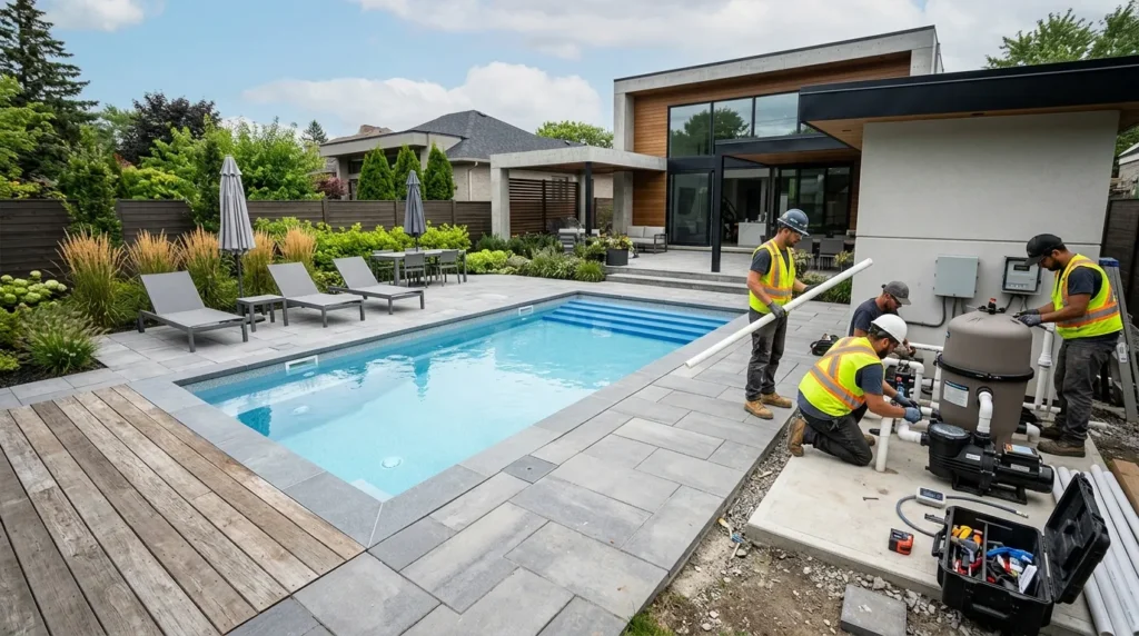Jardin moderne avec piscine coque neuve, terrasse et ouvriers installant l’équipement.