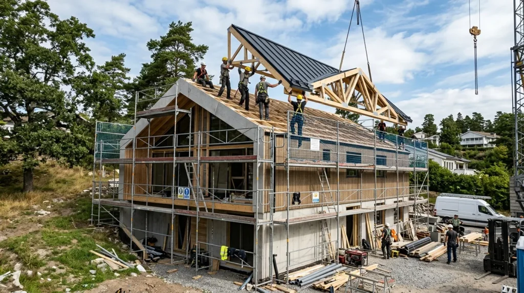 Maison moderne en rénovation, échafaudages et ouvriers soulevant la toiture pour surélévation.