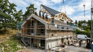 Maison moderne en rénovation, échafaudages et ouvriers soulevant la toiture pour surélévation.