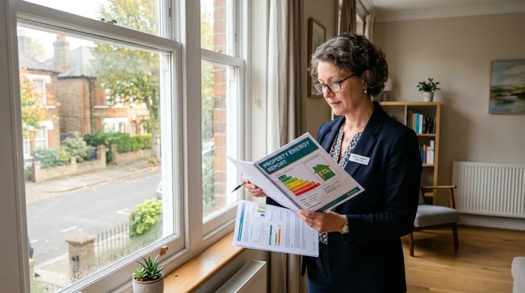 Propriétaire examinant un diagnostic énergétique près d’une fenêtre d’appartement loué.