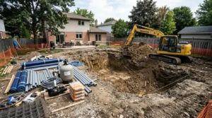 Chantier de piscine enterrée avec pelleteuse, fosse creusée et équipements empilés.