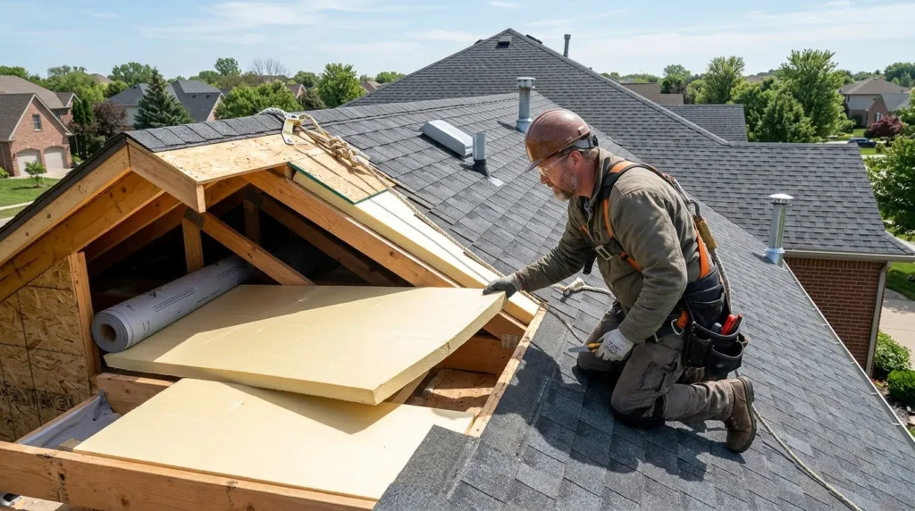 Couvreur inspectant des panneaux d’isolation dans les combles d’une toiture, en plein jour.