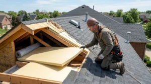 Couvreur inspectant des panneaux d’isolation dans les combles d’une toiture, en plein jour.