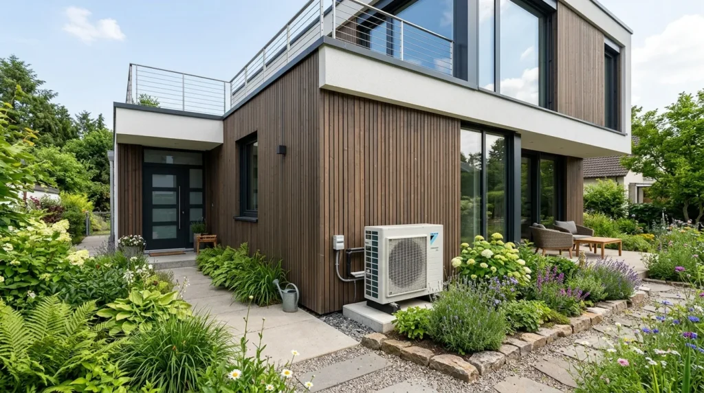 Maison moderne avec pompe à chaleur près du jardin, lumière naturelle.