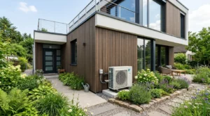 Maison moderne avec pompe à chaleur près du jardin, lumière naturelle.