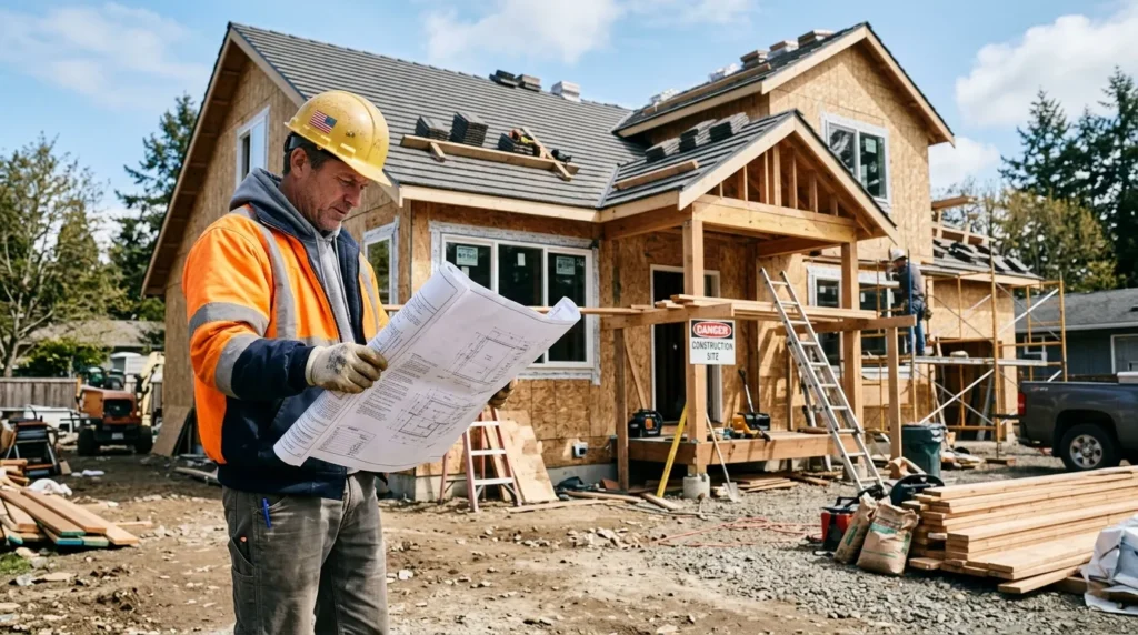 Ouvrier du bâtiment tenant des plans près d'une maison neuve en rénovation, en plein jour.