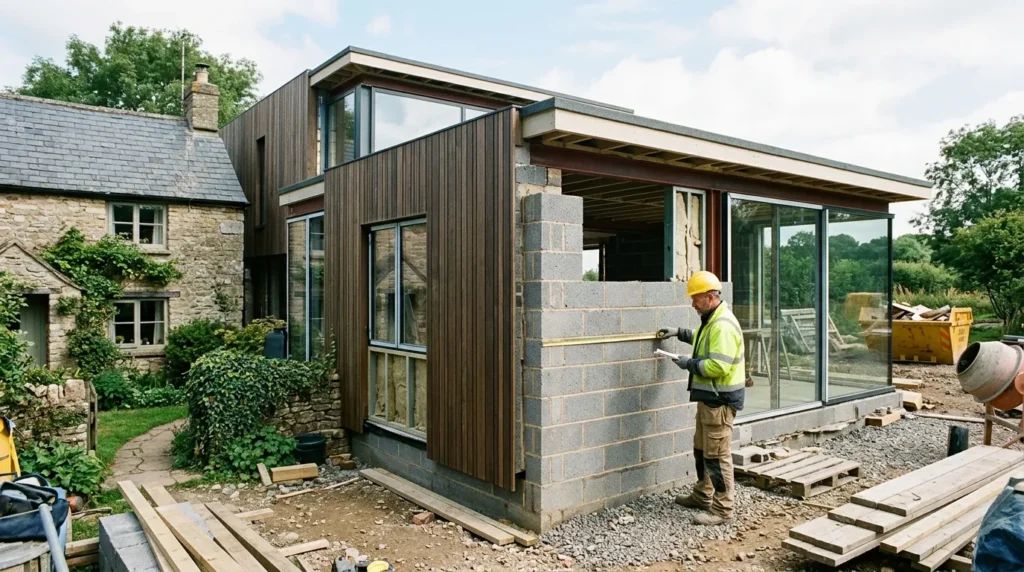 Extension de maison moderne, ouvrier mesurant un mur, lumière naturelle, budget travaux.