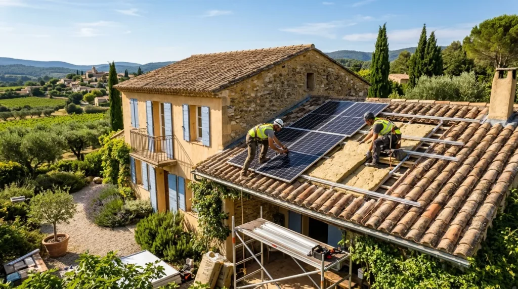 Maison provençale ensoleillée avec ouvriers posant panneaux solaires et isolation de rénovation.