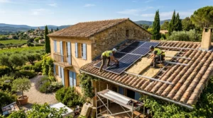 Maison provençale ensoleillée avec ouvriers posant panneaux solaires et isolation de rénovation.