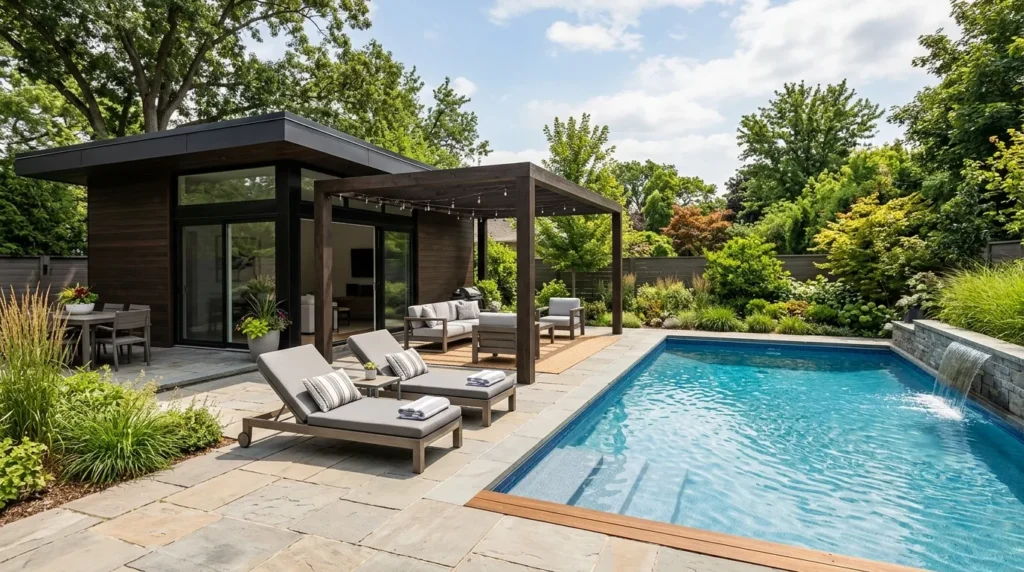 Pool house moderne près d’une piscine, avec transats et pergola dans le jardin.