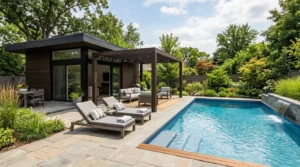 Pool house moderne près d’une piscine, avec transats et pergola dans le jardin.