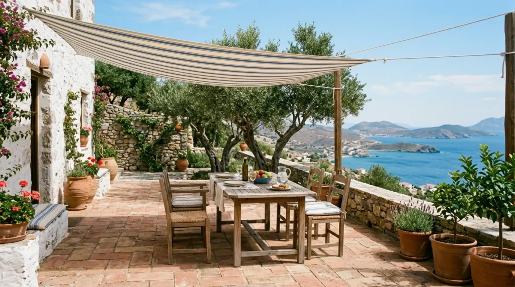 Terrasse méditerranéenne avec tuiles en terre cuite, oliviers, voile d’ombrage rayée et mobilier bois.