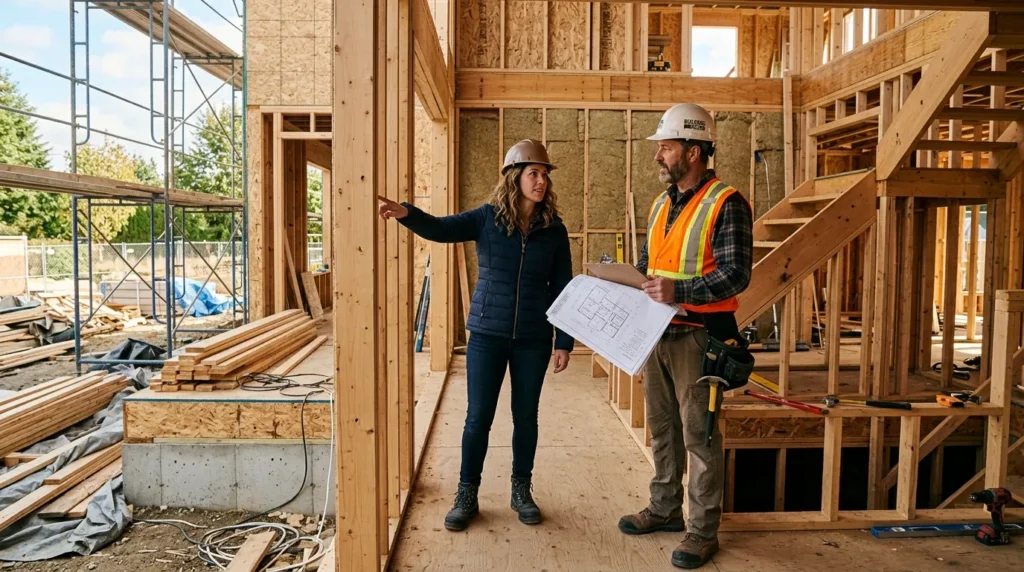 Propriétaire et constructeur inspectant une maison neuve en chantier, style photo naturelle.
