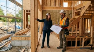 Propriétaire et constructeur inspectant une maison neuve en chantier, style photo naturelle.