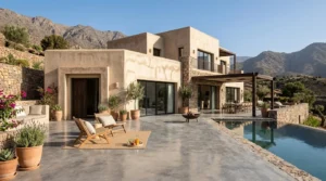 Villa de luxe avec murs en tadelakt, terrasse en béton ciré et pierre naturelle.