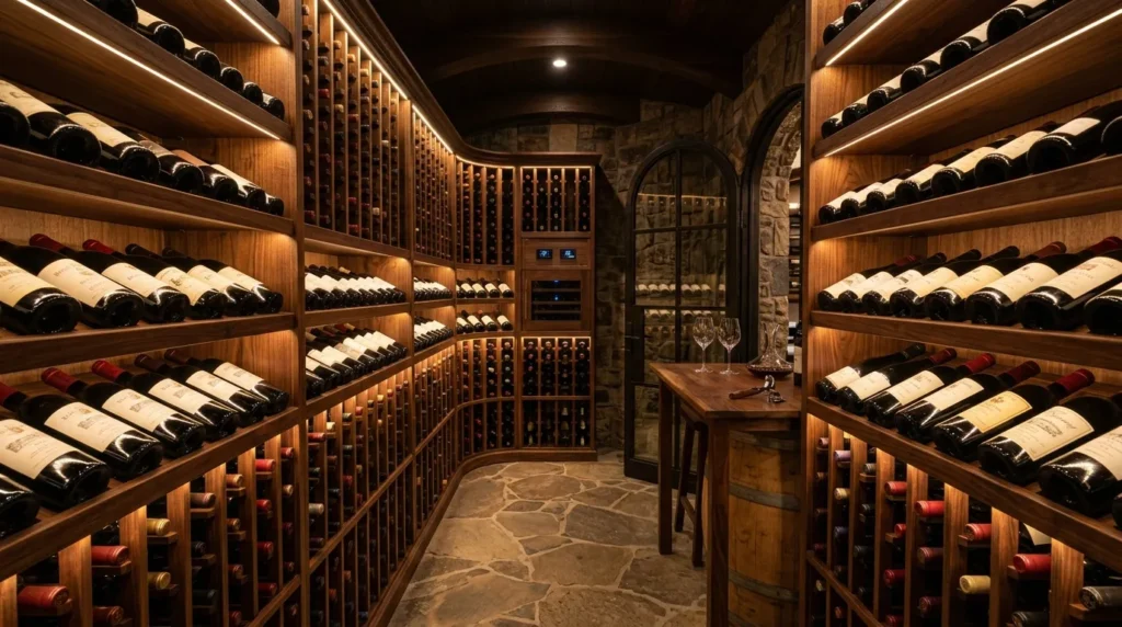Cave à vin climatisée avec casiers en bois et bouteilles rangées soigneusement.