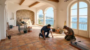 Appartement de luxe rénové au soleil, ouvriers mesurant un sol carrelé, Côte d’Azur.
