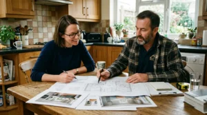 Propriétaire et artisan examinant des plans de rénovation fiables autour d’une table de cuisine.