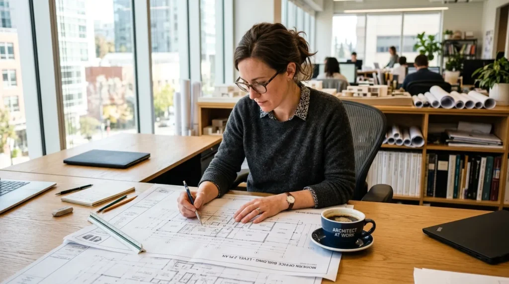 Architecte examinant des plans de maîtrise d’œuvre sur un bureau, tasse de café.
